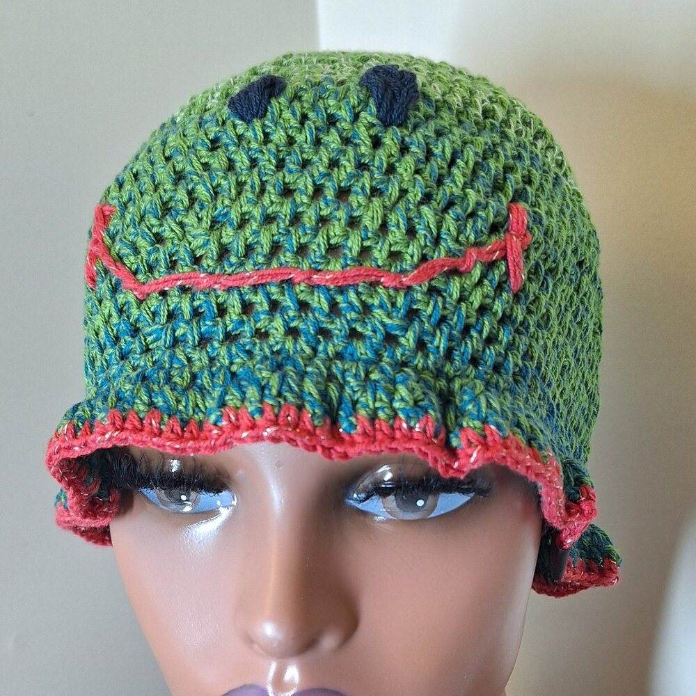 Summer Hat, Crocheted Cotton Green Hat with Embroidered Smile